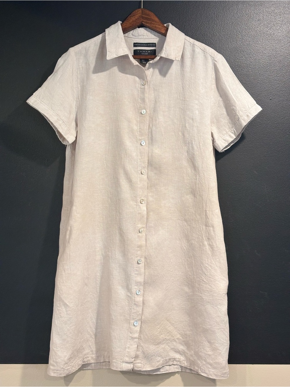 Tahari Light Cream Short-Sleeve Linen Button-Down Dress